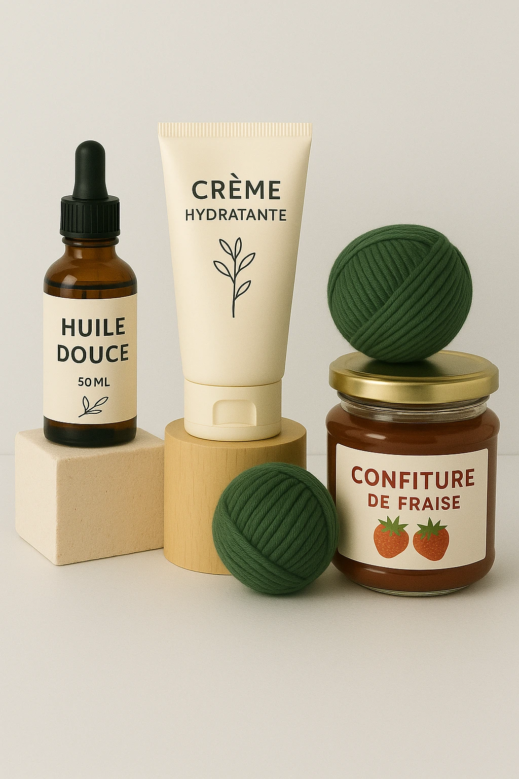 Boite de la box activités manuelles et découvertes avec des exemples de produits. Des huiles essentielles, des crèmes, de la confiture artisanale et des pelotes de laines.